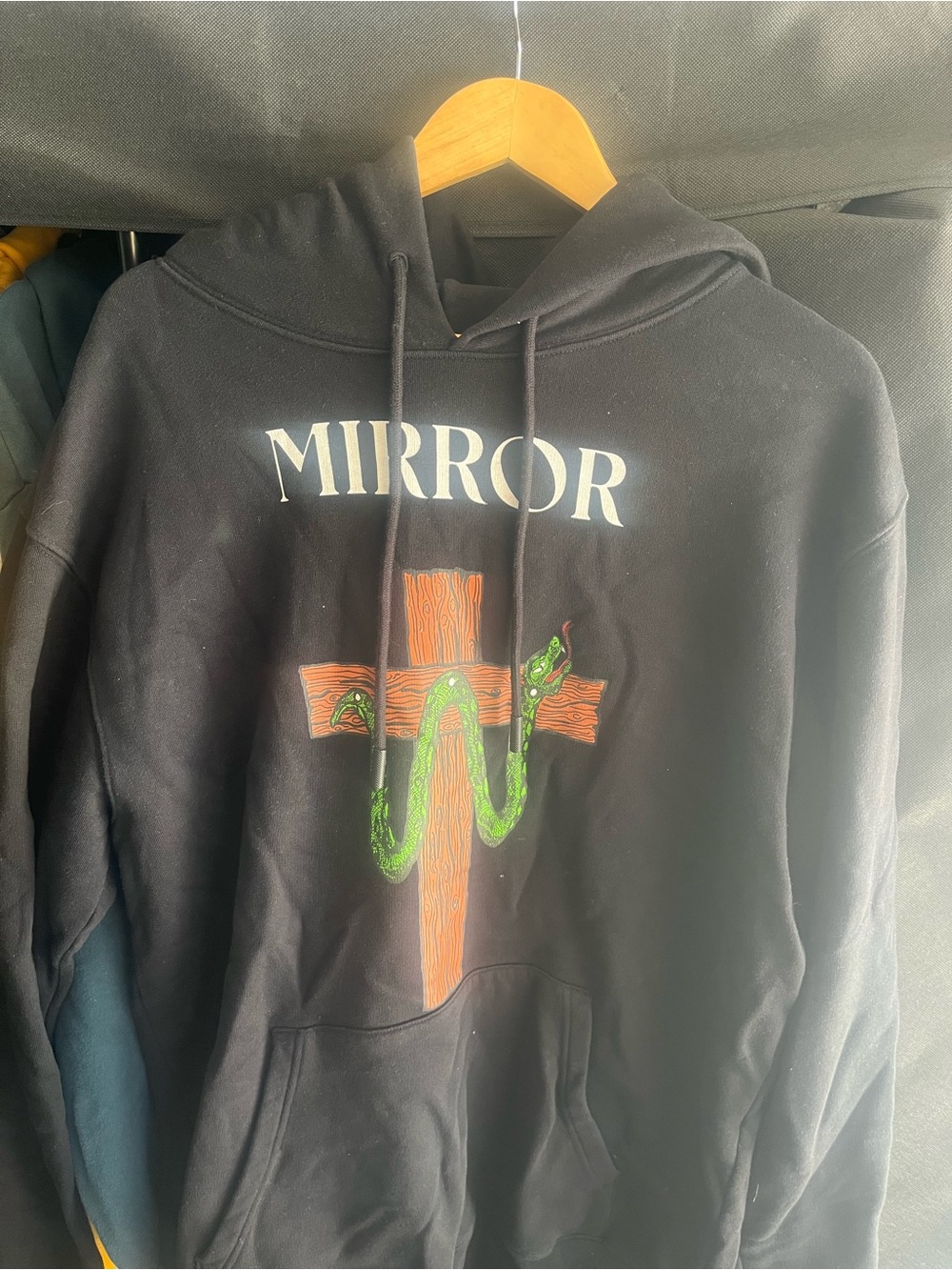Off-White Black Hoodie with Orange Cross & Green Snake Graphic